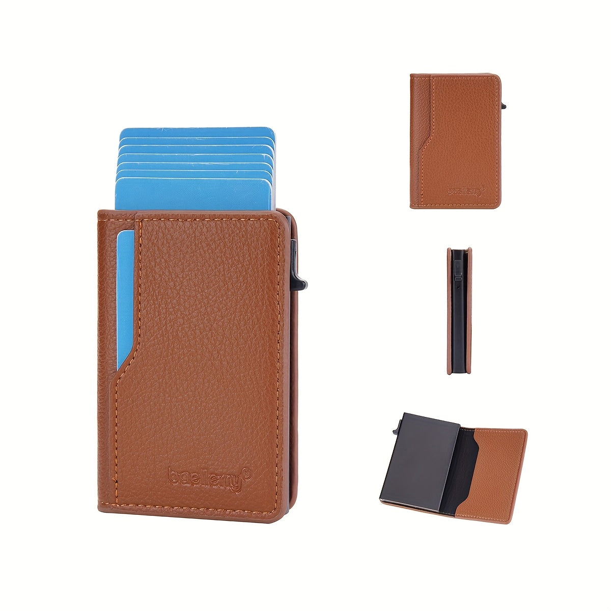 Men'S Business Card Bag with RFID Protection, Lychee Grain Artificial Leather, Side Push Elastic Design, Multi-function Credit Card and ID Card Holder