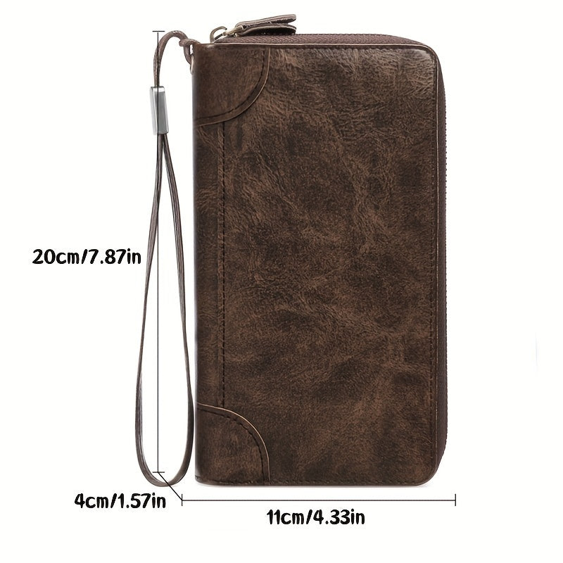 Oil Wax Leather Large Clutch Handbag Leather Zipper Around Wallets Wristlet Card Business Phone Wallet Case for Men