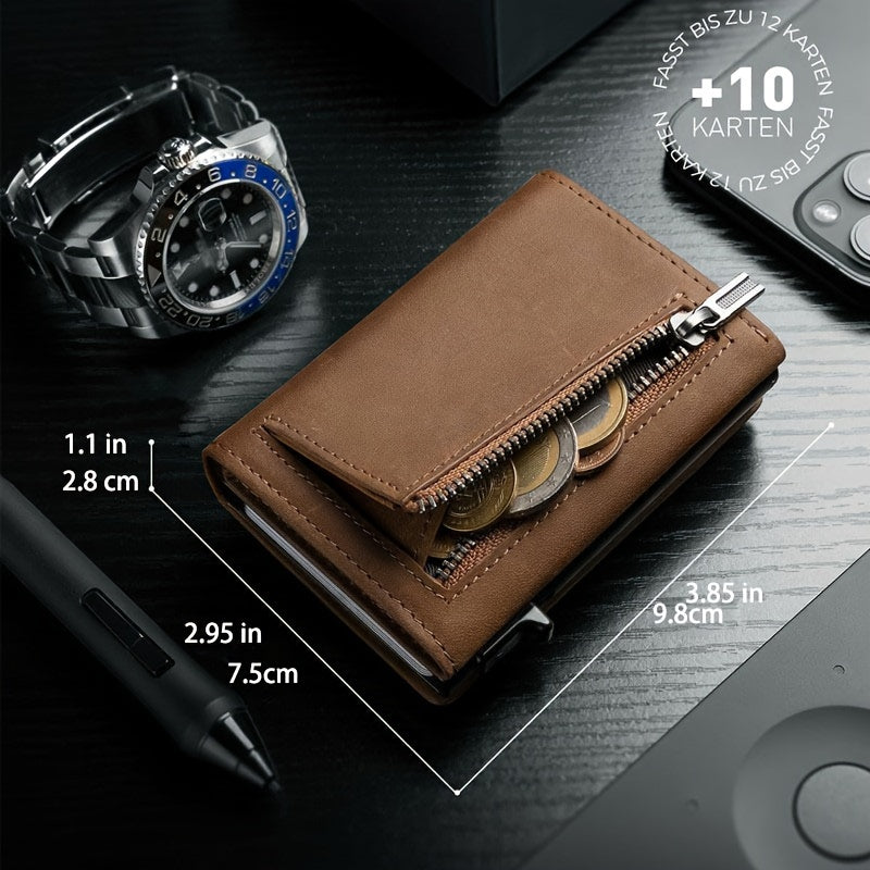 Vintage Style Men'S Brown Wallet with RFID Blocking And Automatic Pop-Up Card Holder, Multi-Slot Compact Bifold