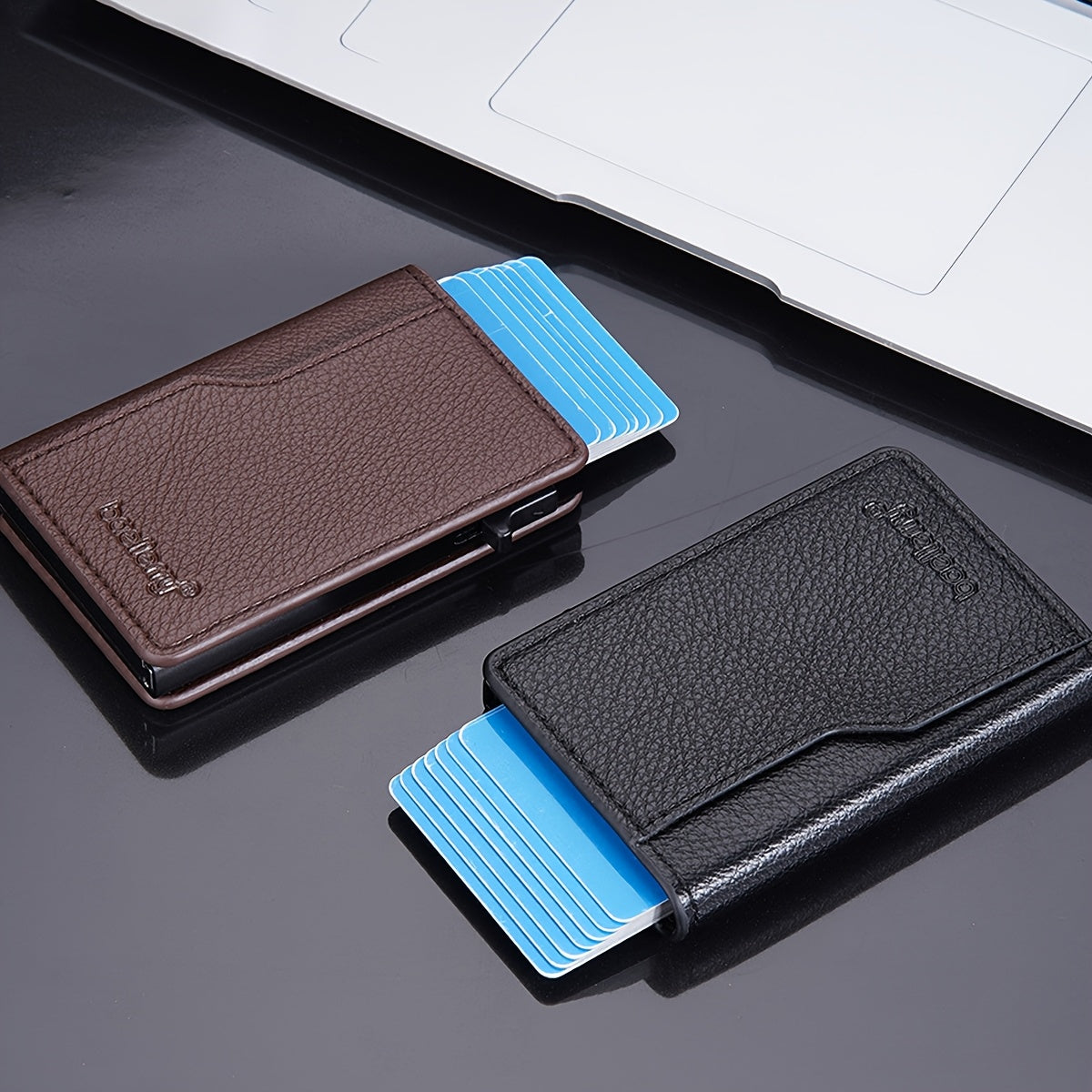 Men'S Business Card Bag with RFID Protection, Lychee Grain Artificial Leather, Side Push Elastic Design, Multi-function Credit Card and ID Card Holder