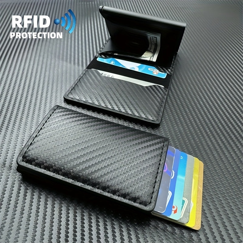 Men'S Anti-Theft And Anti-Magnetic Carbon Fiber RFID Aluminum Alloy Card Holder with 8 Card Slots, Minimalist RFID Wallet, Double-Fold Leather, Small Gift Box, Perfect for Dad'S Birthday Gift.