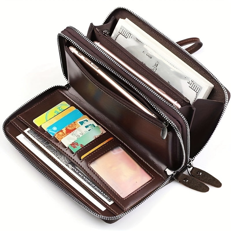 Oil Wax Leather Large Clutch Handbag Leather Zipper Around Wallets Wristlet Card Business Phone Wallet Case for Men