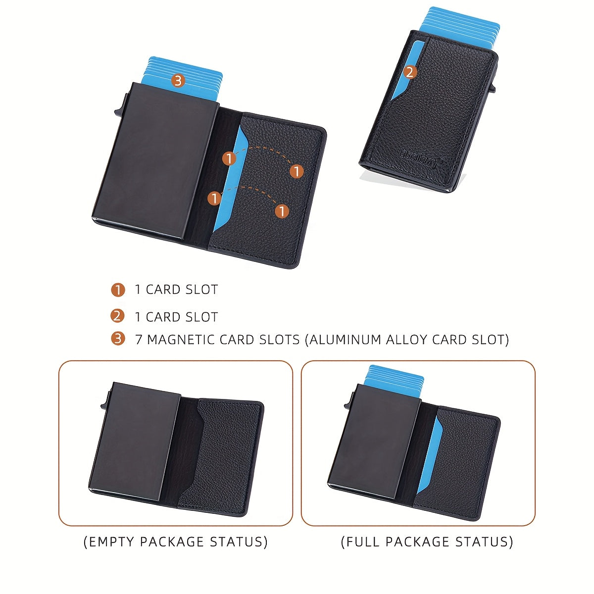 Men'S Business Card Bag with RFID Protection, Lychee Grain Artificial Leather, Side Push Elastic Design, Multi-function Credit Card and ID Card Holder