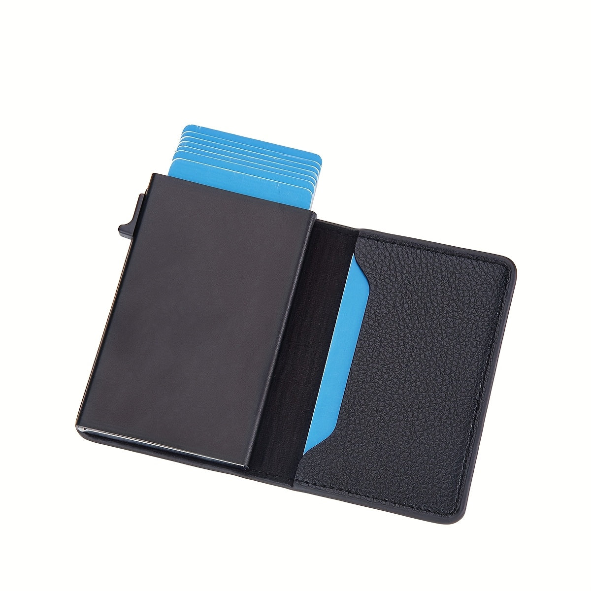 Men'S Business Card Bag with RFID Protection, Lychee Grain Artificial Leather, Side Push Elastic Design, Multi-function Credit Card and ID Card Holder