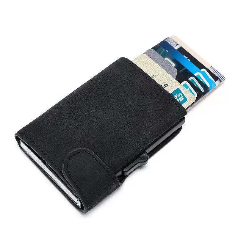 Porta carte di credito RFID Smart Wallet ID Porta carte di credito in pelle ultra-sottile da uomo Porta carte pop-up automatico con spazzola antifurto Scatola di carte in metallo