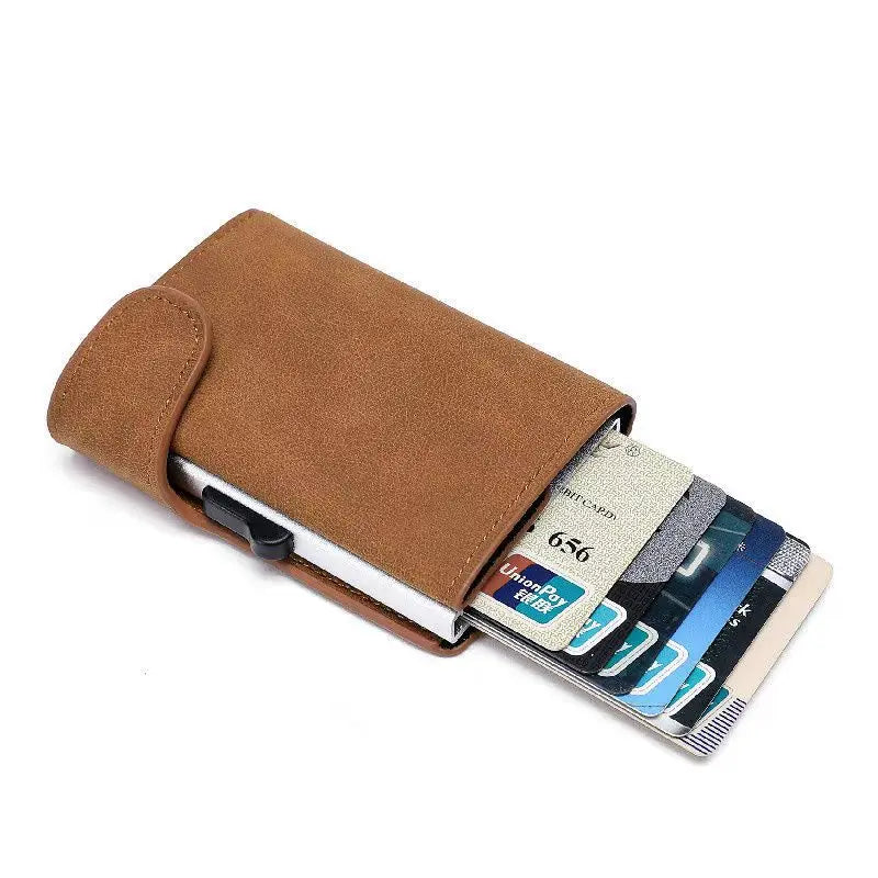 Porta carte di credito RFID Smart Wallet ID Porta carte di credito in pelle ultra-sottile da uomo Porta carte pop-up automatico con spazzola antifurto Scatola di carte in metallo