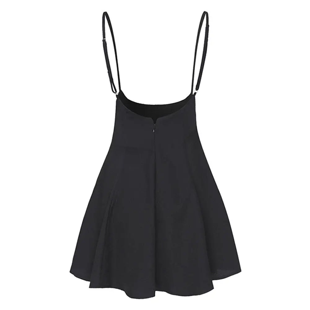 Elegant Women's Strappy Suspender Dresses Tunic Party Pleated Black Skater Dress Costumes High Waist Mini School Dress