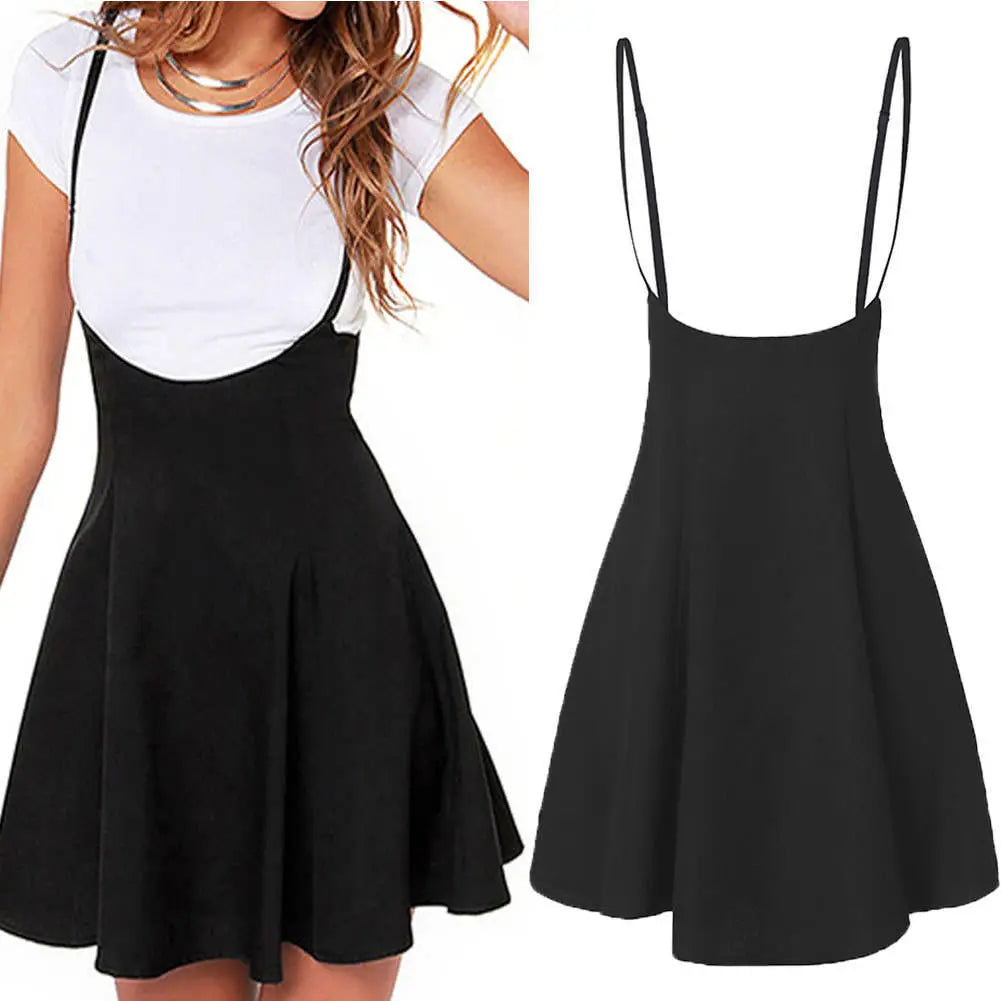 Elegant Women's Strappy Suspender Dresses Tunic Party Pleated Black Skater Dress Costumes High Waist Mini School Dress