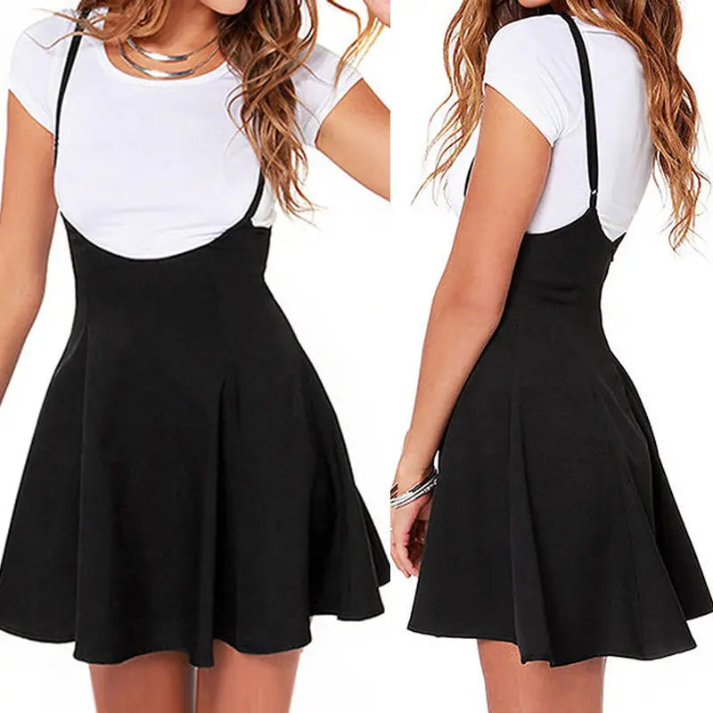 Elegant Women's Strappy Suspender Dresses Tunic Party Pleated Black Skater Dress Costumes High Waist Mini School Dress