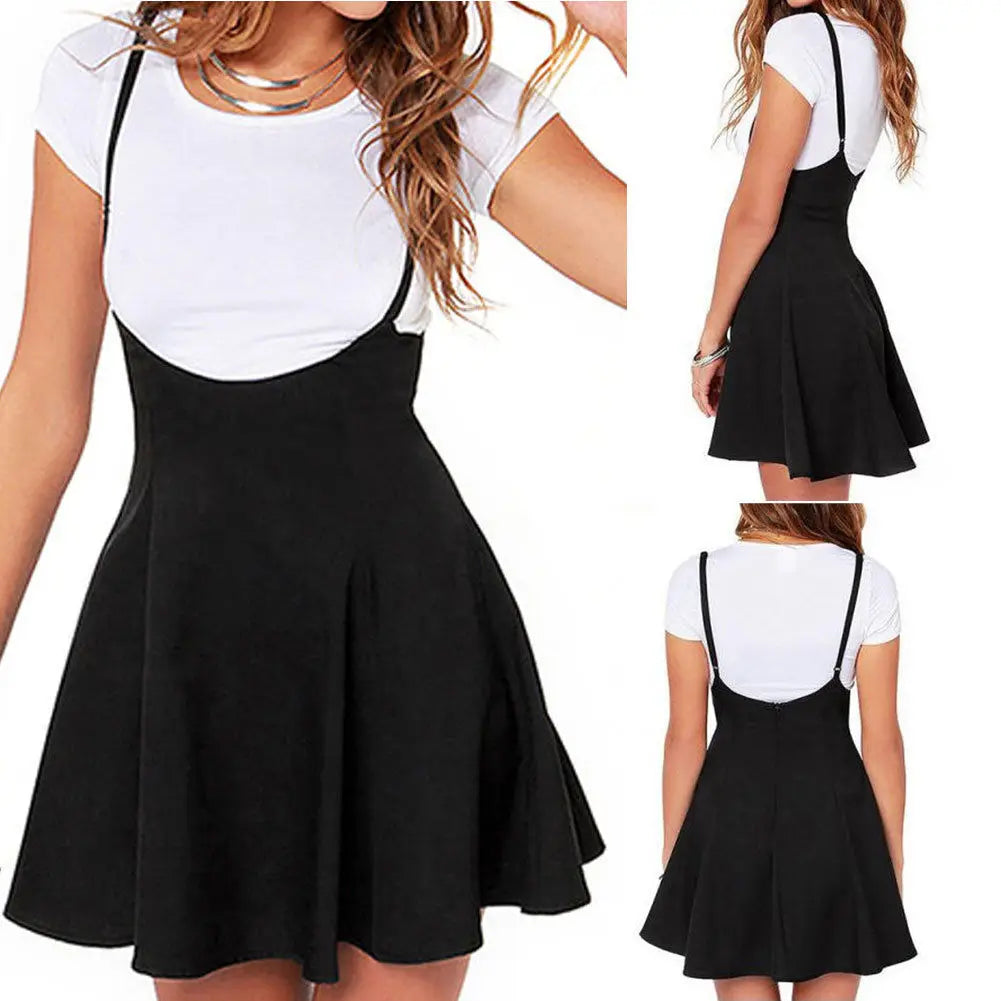 Elegant Women's Strappy Suspender Dresses Tunic Party Pleated Black Skater Dress Costumes High Waist Mini School Dress