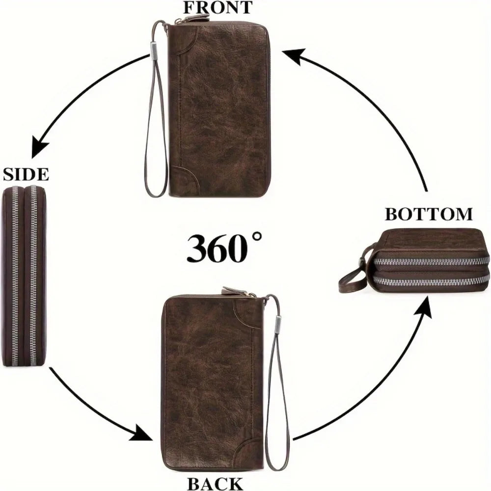 Borsa a mano grande in pelle cerata con cerniera in pelle, portafogli da polso, porta carte, porta telefono, per uomo