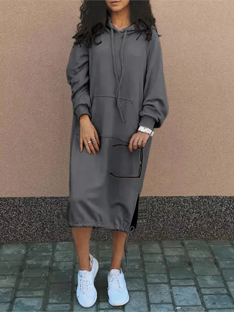 Autumn Winter Fashion Hoodie Long Sleeve Solid Color Dresses Women'S Simple Loose Pocket Drawstring Hoodie Casual Female Dress