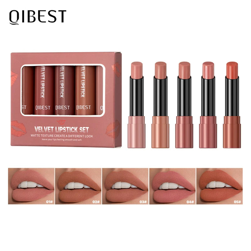 QIBEST 5 pezzi Nude Velvet Mist Rossetto Set Rossetti opachi Lucidalabbra Trucco a lunga durata per donna Balsamo per labbra Tinta Bellezza Cosmetici