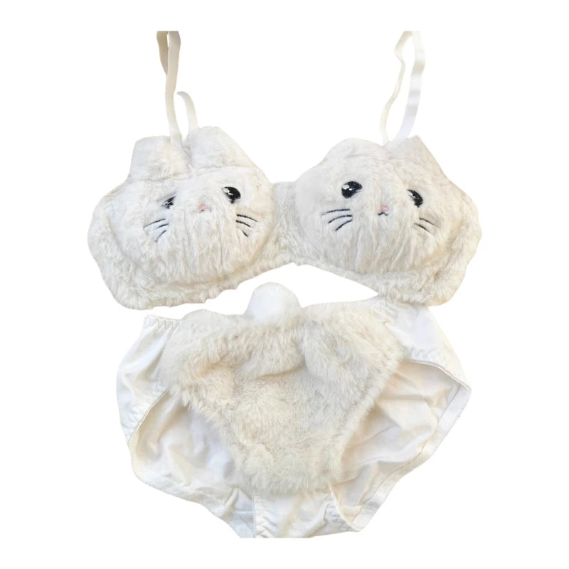 Set di biancheria intima con gatti divertenti, reggiseno e mutandine in pelliccia sintetica, set di lingerie in peluche, adorabile set di reggiseno con cartoni animati, regali di festa per le donne