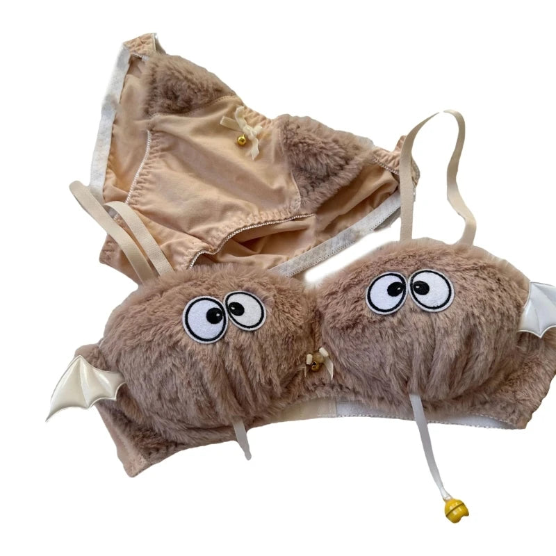 Set di biancheria intima con gatti divertenti, reggiseno e mutandine in pelliccia sintetica, set di lingerie in peluche, adorabile set di reggiseno con cartoni animati, regali di festa per le donne