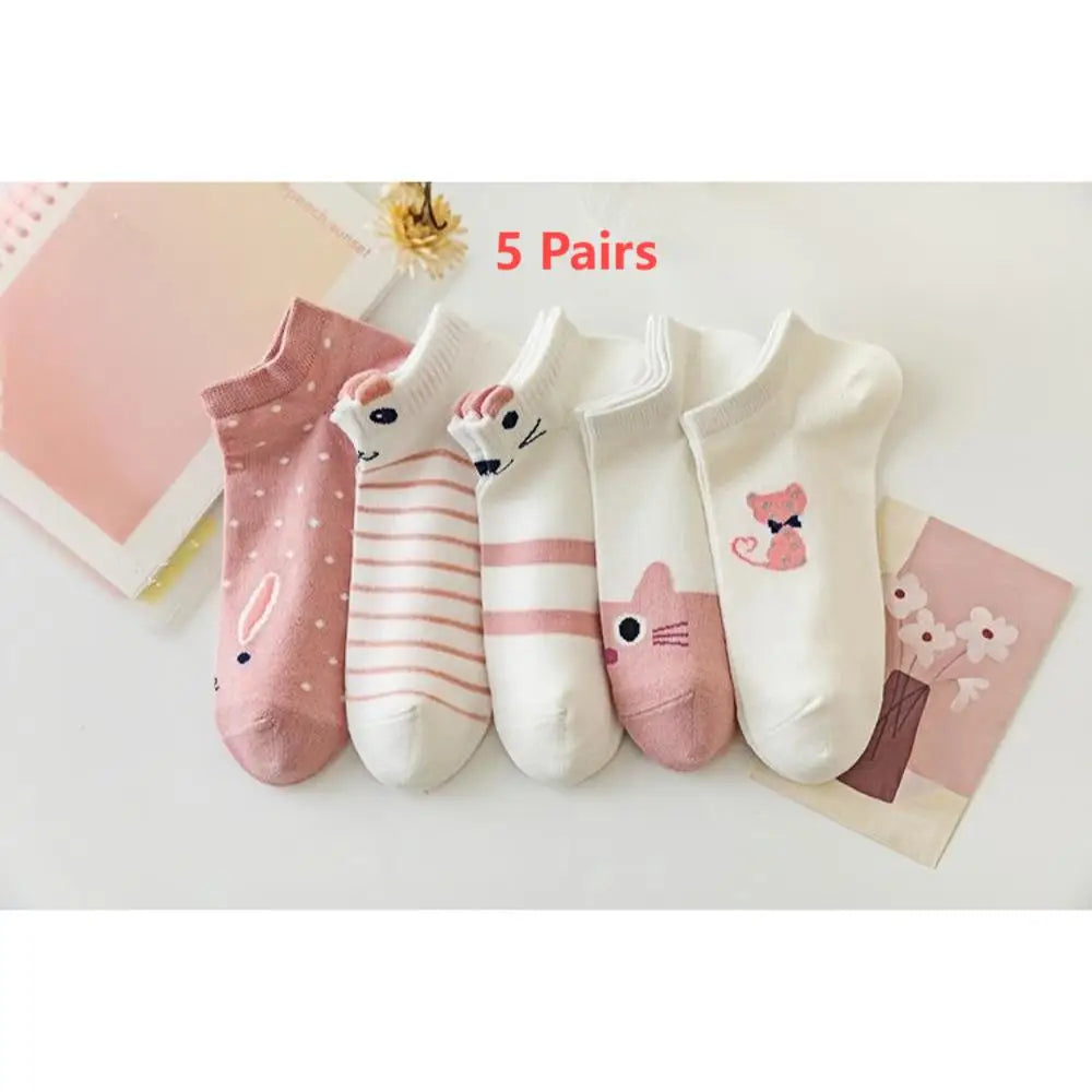 5 pairs Women's pink socks, cute style socks, popular spring and summer cotton socks, cute rabbit socks