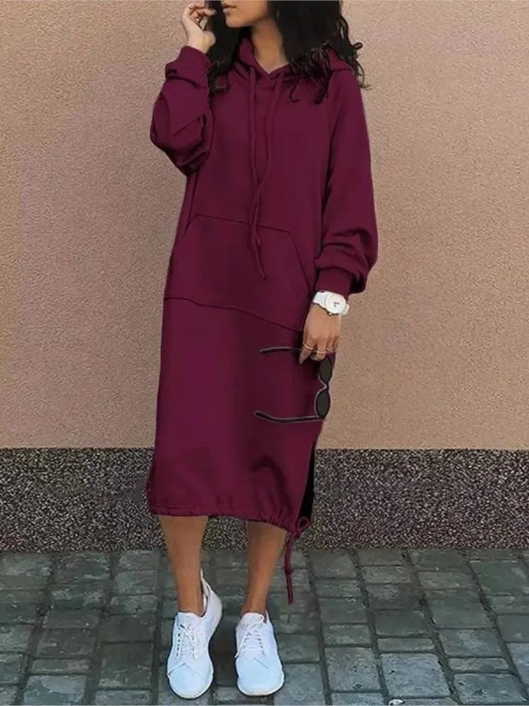 Autumn Winter Fashion Hoodie Long Sleeve Solid Color Dresses Women'S Simple Loose Pocket Drawstring Hoodie Casual Female Dress