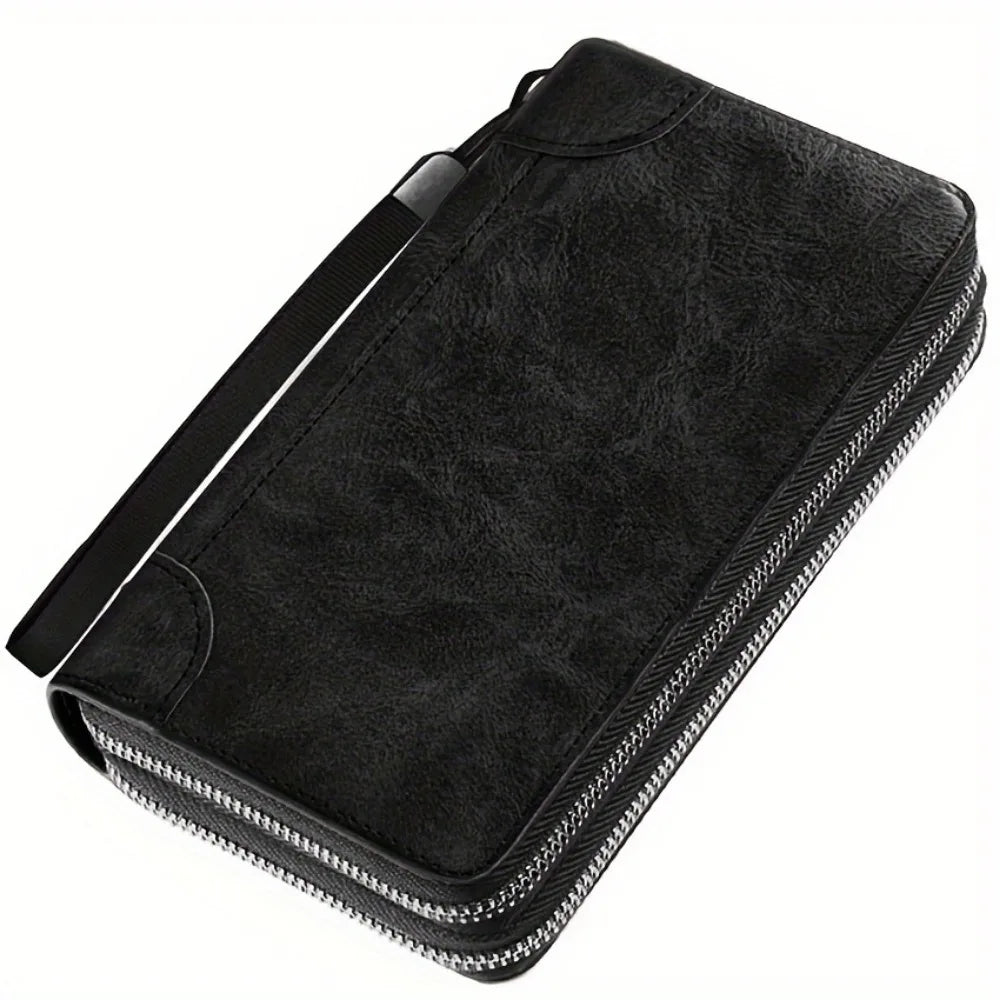 Oil Wax Leather Large Clutch Handbag Leather Zipper Around Wallets Wristlet Card Business Phone Wallet Case for Men