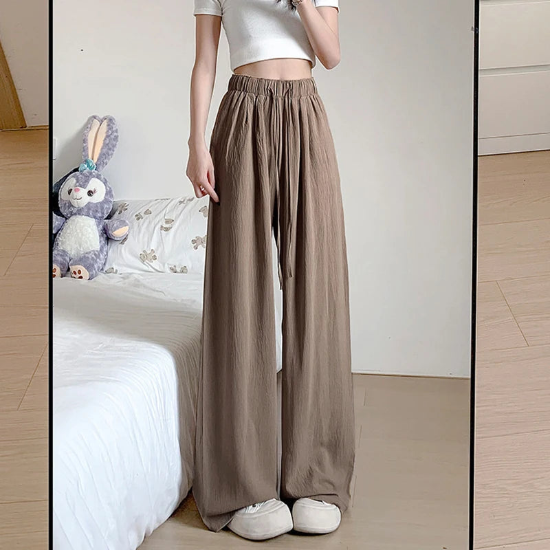 Back to School Summer Women's New Fashion Thin Japanese Ice Silk Wide-Leg High-Waisted Straight Draped Anti-Wrinkle Casual Pants