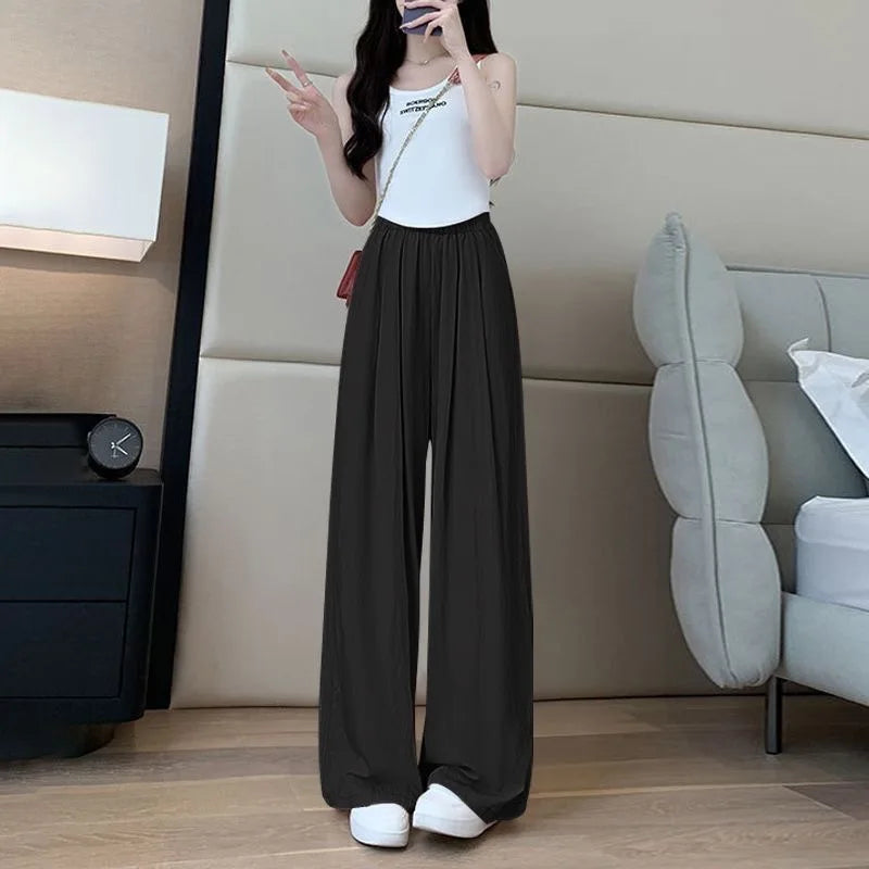 Back to School Summer Women's New Fashion Thin Japanese Ice Silk Wide-Leg High-Waisted Straight Draped Anti-Wrinkle Casual Pants