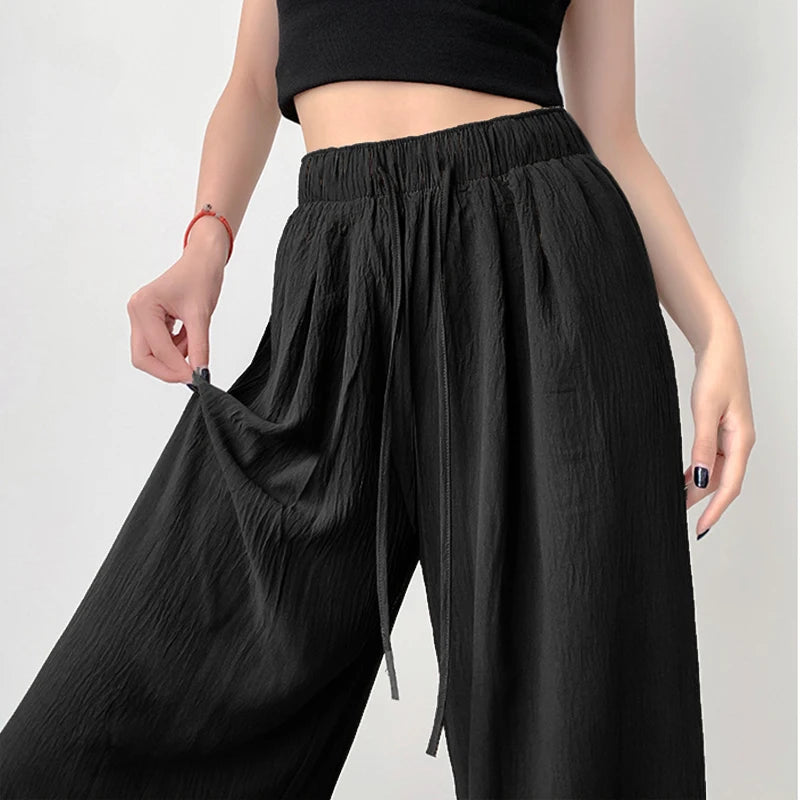 Back to School Summer Women's New Fashion Thin Japanese Ice Silk Wide-Leg High-Waisted Straight Draped Anti-Wrinkle Casual Pants