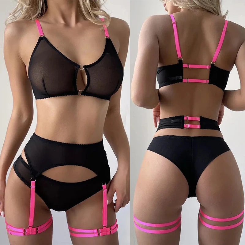 3-Pieces Set Fashion Fancy Patchwork Bra & Brief Sets With Garters Mesh Perspective Underwear For Woman Erotic Sexy Lingerie Set