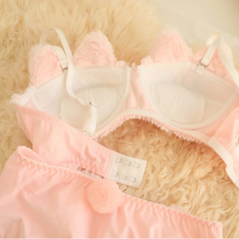 Set di biancheria intima con gatti divertenti, reggiseno e mutandine in pelliccia sintetica, set di lingerie in peluche, adorabile set di reggiseno con cartoni animati, regali di festa per le donne