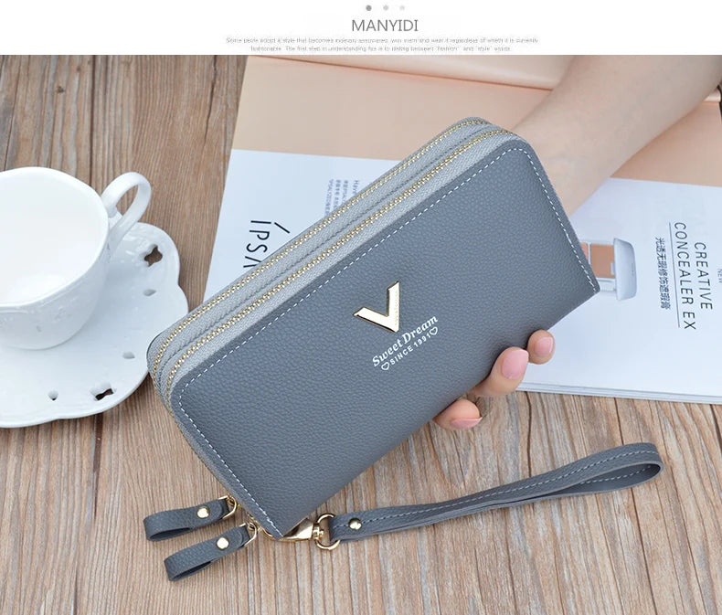 Women Double Zipper Long Wallet Large Capacity Lady Coin Purse Cell Phone Bag Credit Cards Holder Money Clutch Solid PU Leather