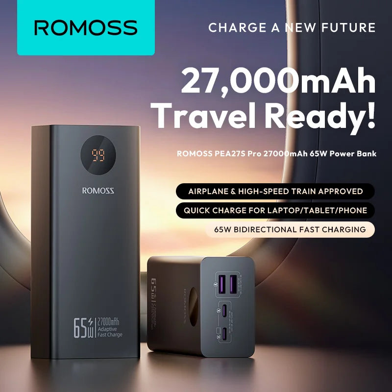 Romoss Power Banks 27000mAh 65W Fast Charge Laptop Portable Charger Powerbank External Battery For iPhone 16 Xiaomi Huawei