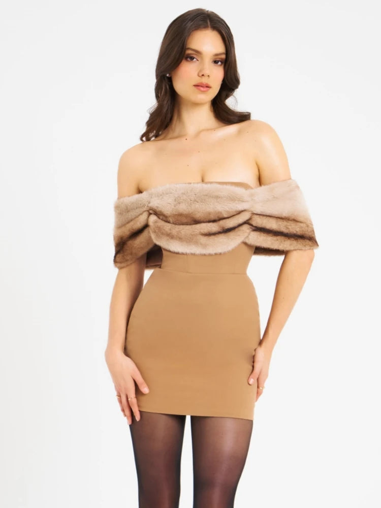 Sexy Off The Shoulder Fur Design Mini Dress Women Camel Sleeveless Furs Folds Bodycon Dresses Evening Party Cocktail Club Gowns