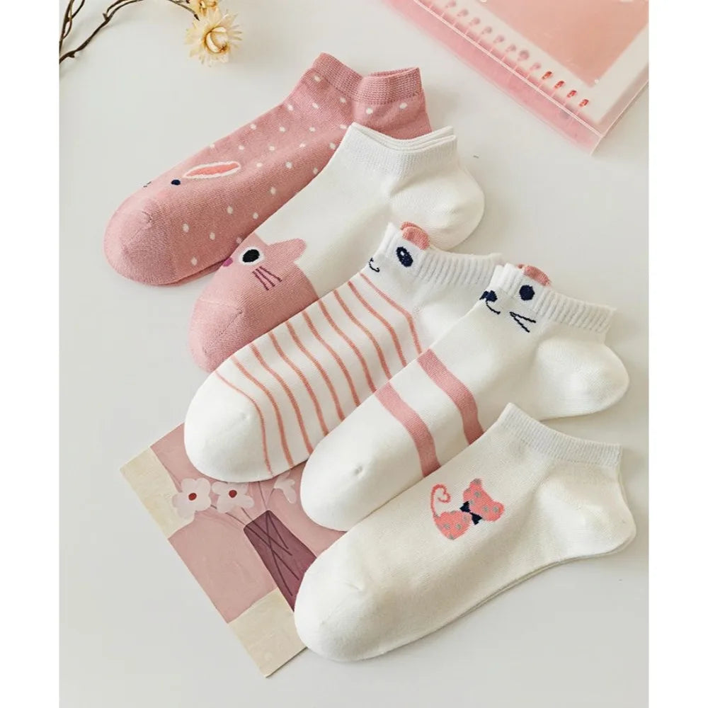 5 pairs Women's pink socks, cute style socks, popular spring and summer cotton socks, cute rabbit socks