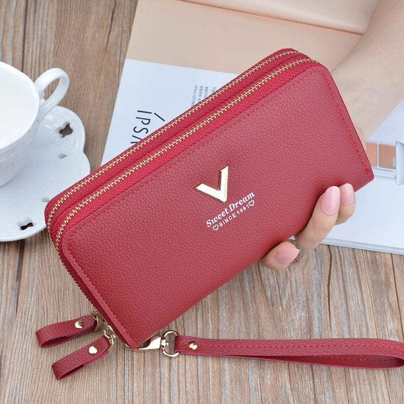 Women Double Zipper Long Wallet Large Capacity Lady Coin Purse Cell Phone Bag Credit Cards Holder Money Clutch Solid PU Leather