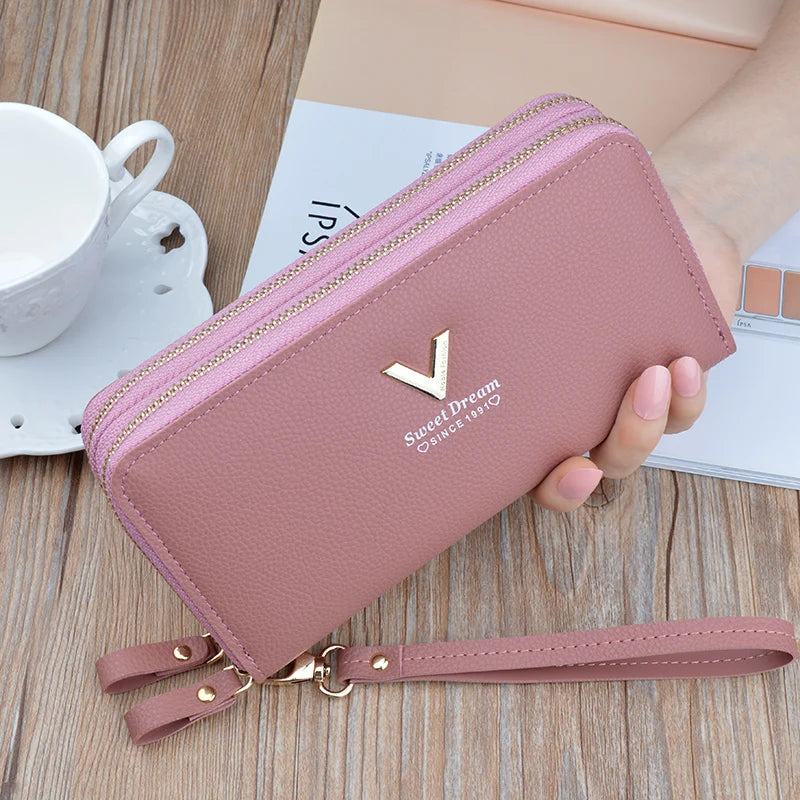 Women Double Zipper Long Wallet Large Capacity Lady Coin Purse Cell Phone Bag Credit Cards Holder Money Clutch Solid PU Leather