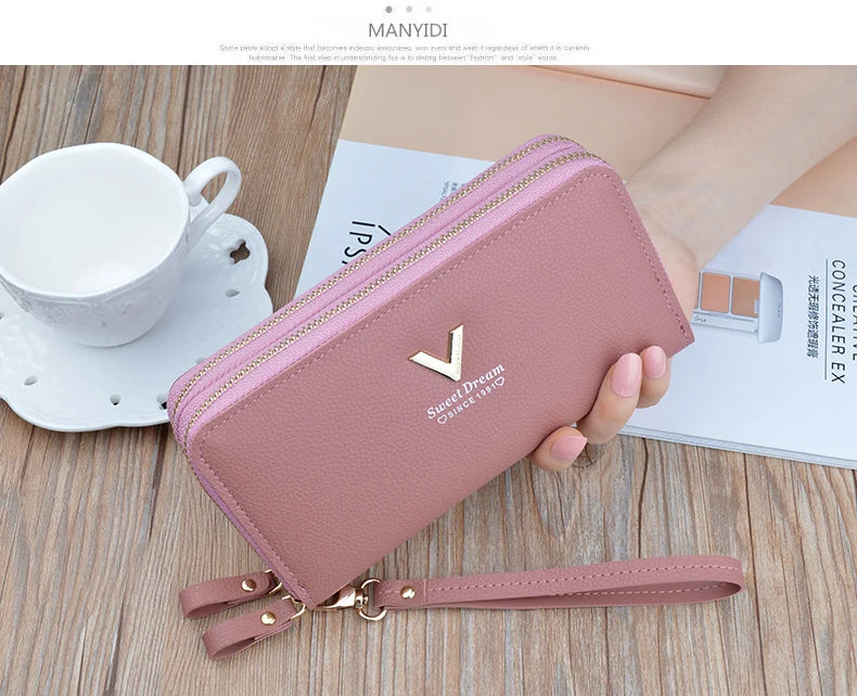 Women Double Zipper Long Wallet Large Capacity Lady Coin Purse Cell Phone Bag Credit Cards Holder Money Clutch Solid PU Leather