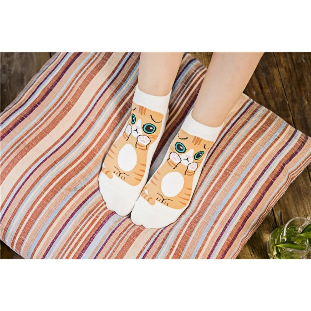 5 Pairs Women's Cute Cat Cartoon Short Socks Spring and Summer New Breathable Cotton Socks