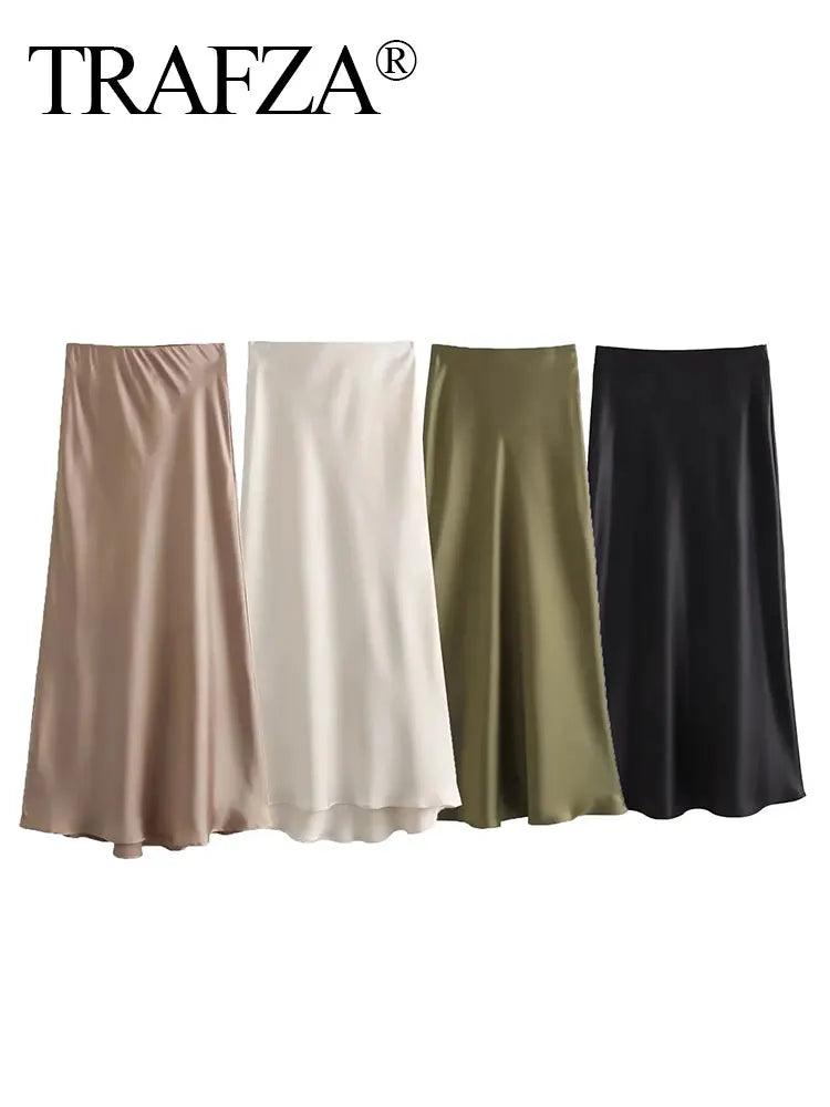 TRAFZA Women Elegant Solid Satin Long Skirt Chic Y2K High Waist Slim Skirts Female Fashion Silk Texture Ladies Tight Midi Skirt