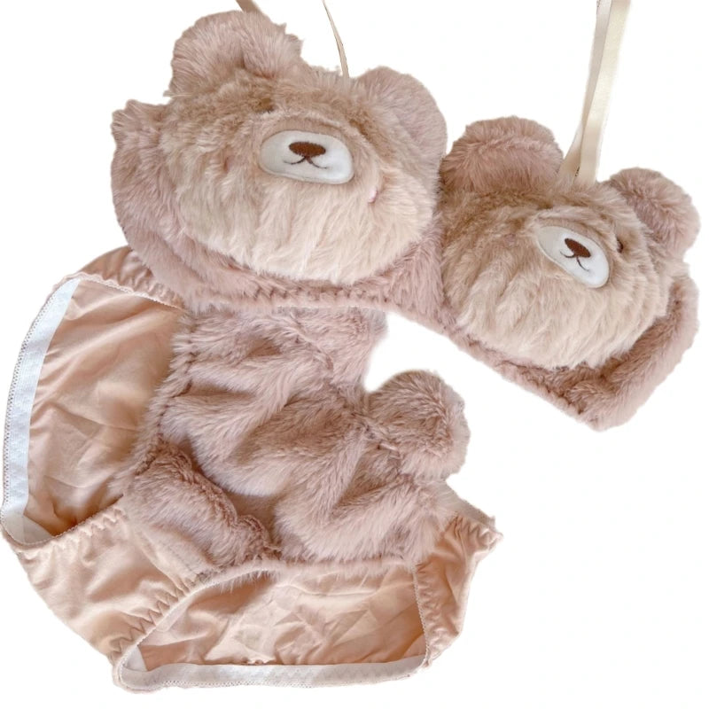 Set di biancheria intima con gatti divertenti, reggiseno e mutandine in pelliccia sintetica, set di lingerie in peluche, adorabile set di reggiseno con cartoni animati, regali di festa per le donne