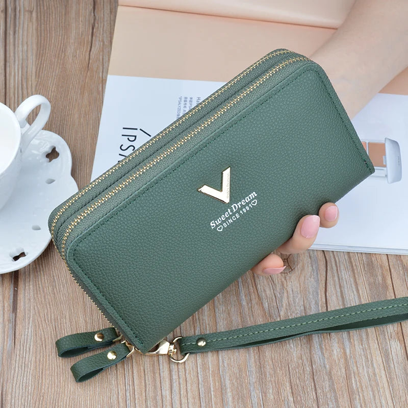 Women Double Zipper Long Wallet Large Capacity Lady Coin Purse Cell Phone Bag Credit Cards Holder Money Clutch Solid PU Leather