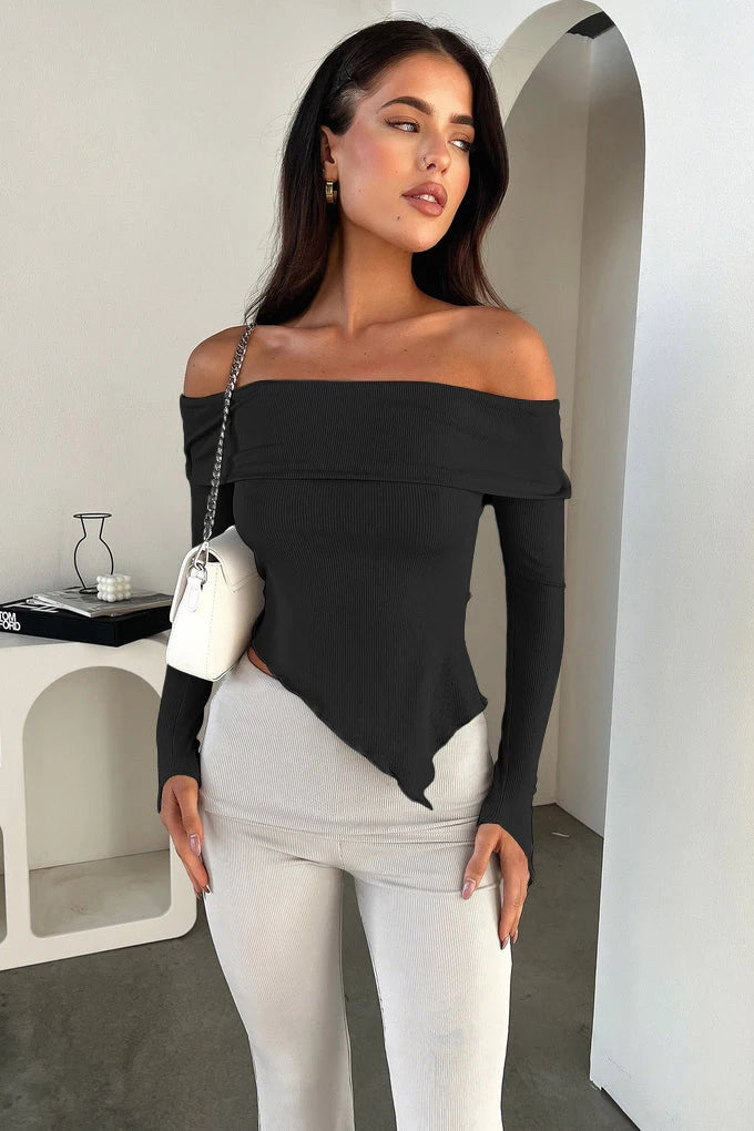 Sexy Strapless One Line Neck  Backless Long sleeved Short Top 2024 Spring Summer New Women's Slim Fit Top Party Nightclub