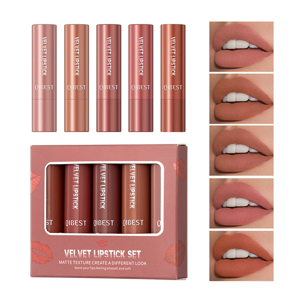 QIBEST 5 Pcs Nude Velvet Mist Lipstick Set Matte Lipsticks Lip Gloss Long Lasting Makeup For Women Lip Balm Tint Beauty Cosmetic