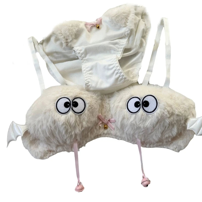 Set di biancheria intima con gatti divertenti, reggiseno e mutandine in pelliccia sintetica, set di lingerie in peluche, adorabile set di reggiseno con cartoni animati, regali di festa per le donne