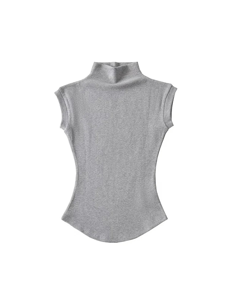 Magliette senza maniche sexy a collo alto estive da donna, maglioni aderenti tinta unita, magliette casual, magliette basiche da strada femminili