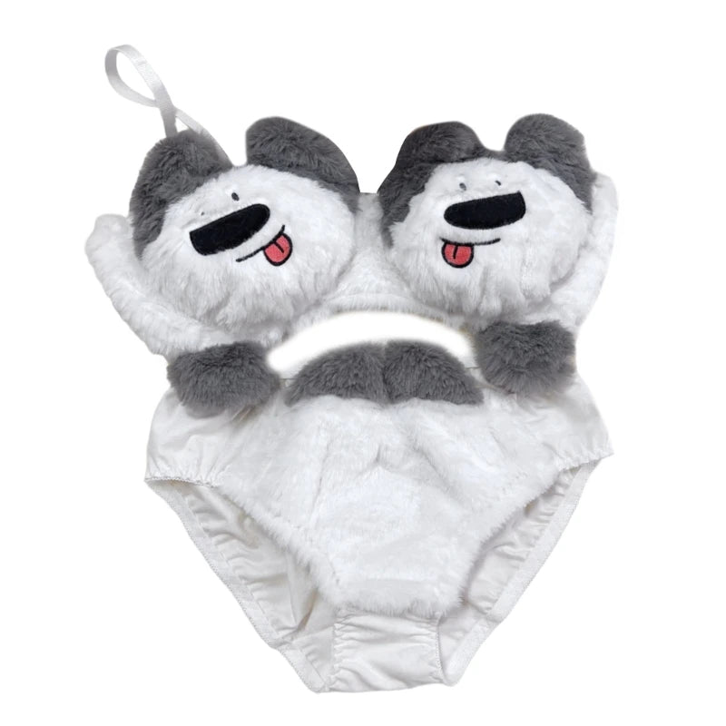 Funny Cats Underwear Set Faux Furs Bra Top and Panty Plush Lingerie Set Cartoon Lovely Bra Set Holiday Gifts for Womens