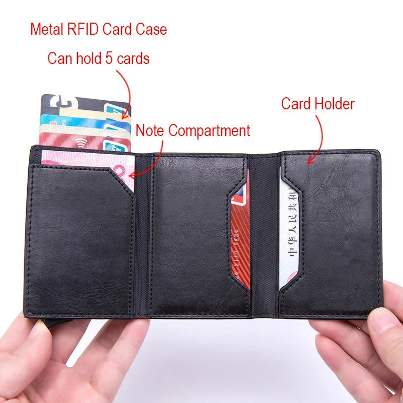 2024 Nuovo Anti Rfid Porta carte d'identità Custodia Uomo Portafoglio in metallo in pelle Porta monete da uomo Mini porta carte di credito in carbonio con cerniera