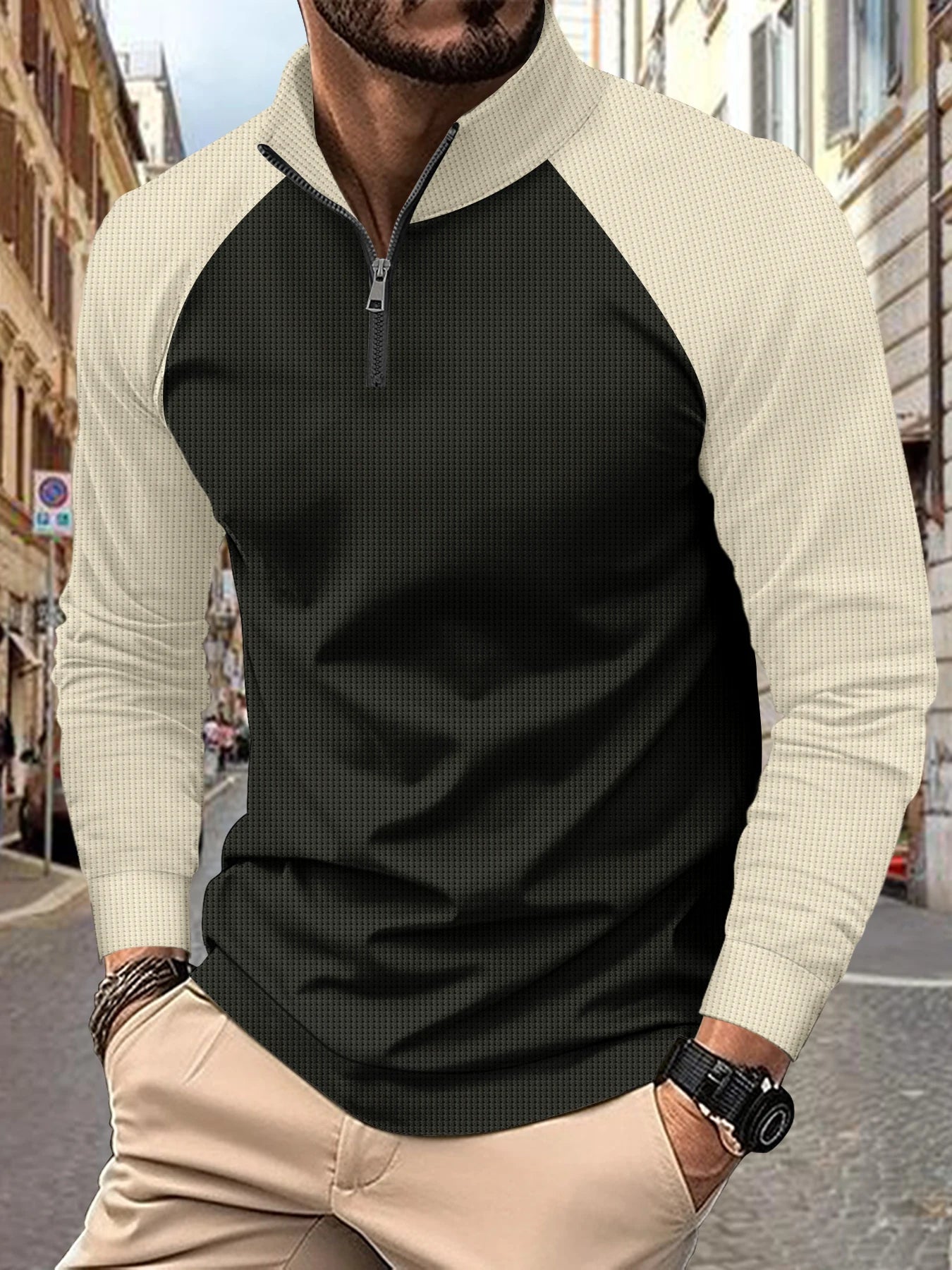 Summer Men's POLO Shirt Long Sleeve Trend New Style Henley Shirt Zipper Breathable splicing Business Fashion Street Stand Collar