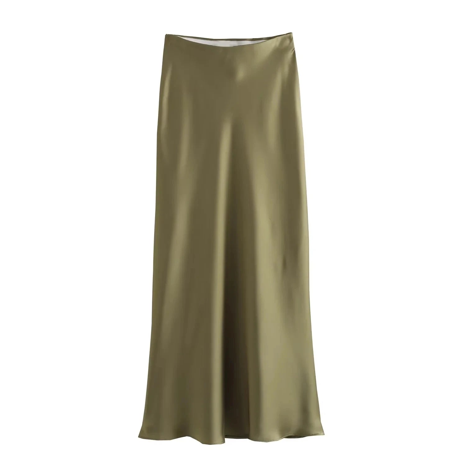 TRAFZA Women Elegant Solid Satin Long Skirt Chic Y2K High Waist Slim Skirts Female Fashion Silk Texture Ladies Tight Midi Skirt