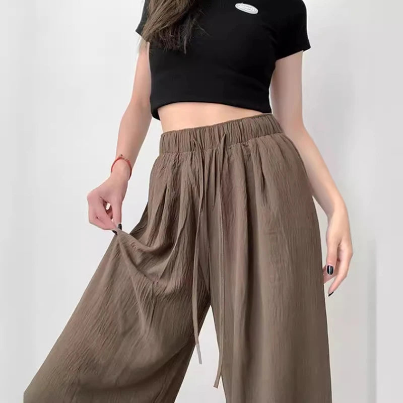 Back to School Summer Women's New Fashion Thin Japanese Ice Silk Wide-Leg High-Waisted Straight Draped Anti-Wrinkle Casual Pants