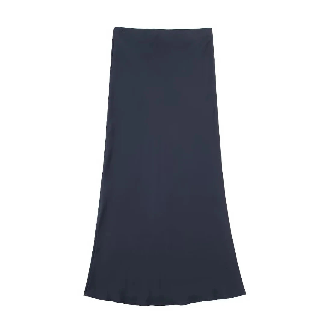 TRAFZA Women Elegant Solid Satin Long Skirt Chic Y2K High Waist Slim Skirts Female Fashion Silk Texture Ladies Tight Midi Skirt