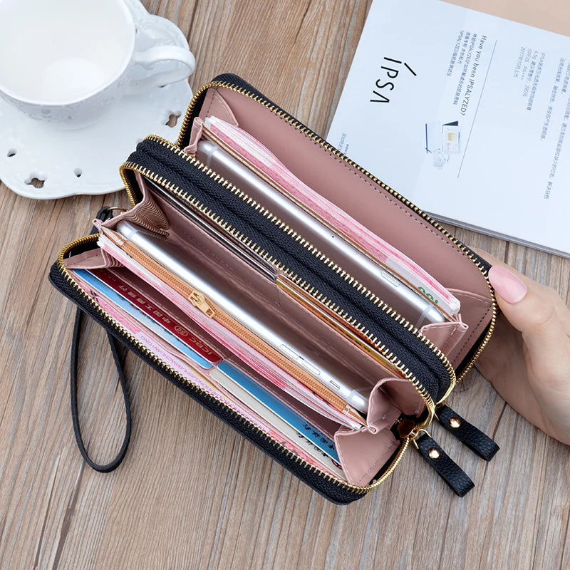 Women Double Zipper Long Wallet Large Capacity Lady Coin Purse Cell Phone Bag Credit Cards Holder Money Clutch Solid PU Leather