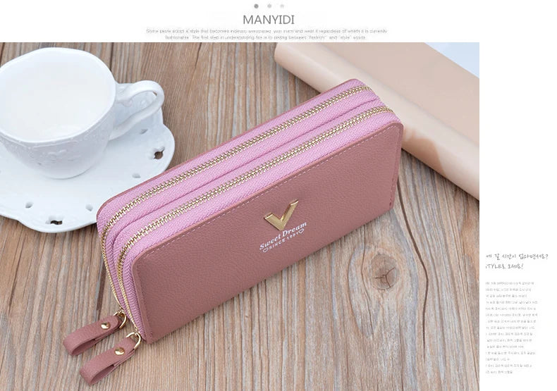 Women Double Zipper Long Wallet Large Capacity Lady Coin Purse Cell Phone Bag Credit Cards Holder Money Clutch Solid PU Leather